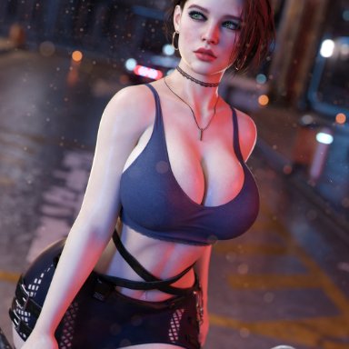 resident evil, resident evil 3, resident evil 3 remake, jill valentine, apone3d, big breasts, cleavage, huge breasts, makeup, public, slutty outfit, thighhighs, 3d, tagme