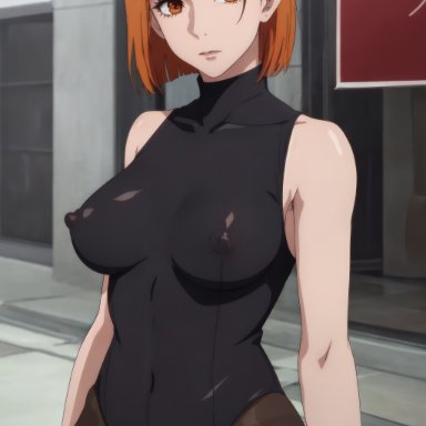 jujutsu kaisen, kugisaki nobara, minusleto, 1girls, big breasts, looking at viewer, nipples visible through clothing, short hair, stockings, 2023, ai generated, stable diffusion