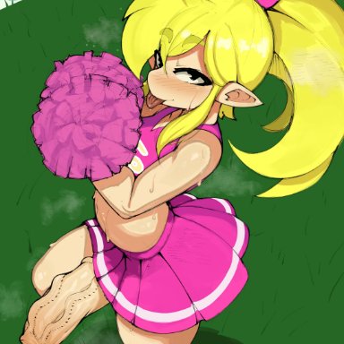 nintendo, the legend of zelda, cheerleader link, hylian, link, neo hajime, blonde hair, blush, blush lines, bodily fluids, cheerleader, cheerleader outfit, clothed, clothing, crossdressing