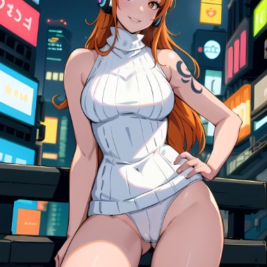 one piece, nami, erogeknight, 1girls, big breasts, breasts, busty, city, city background, curvy, egghead, female, female only, futuristic, hand on hip