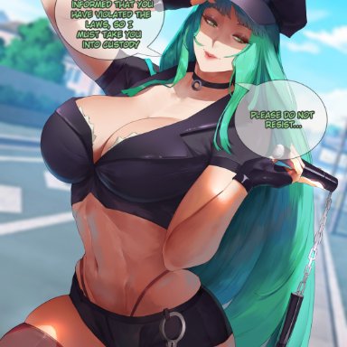 capcom, darkstalkers, morrigan aensland, araneesama, 1female, 1girls, big ass, big breasts, big butt, breasts, female, green eyes, green hair, long hair, police uniform