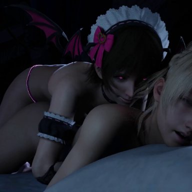 final fantasy, final fantasy xv, iris amicitia, lunafreya nox fleuret, lazyprocrastinator, 2girls, bed, blonde hair, demon girl, demon wings, dildo, female, indoors, light skin, light-skinned female