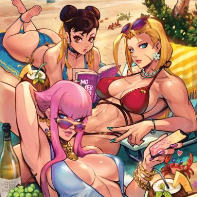 capcom, street fighter, cammy white, chun-li, manon legrand, reiq, 3girls, beach, bikini, boat, bread, cheese, food, fruit, multiple girls