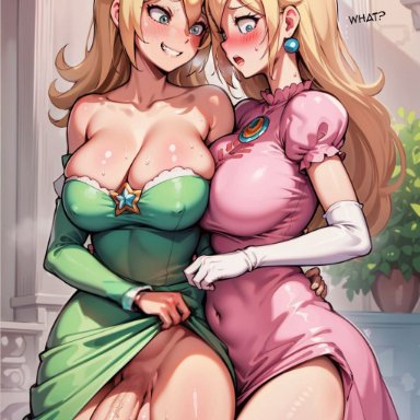 mario (series), nintendo, princess peach, princess rosalina, henjay, 1futa, 1girls, 2girls, big breasts, big penis, big testicles, blonde hair, blue eyes, blush, breasts