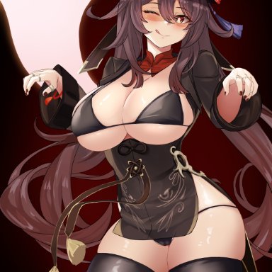 genshin impact, boo tao (genshin impact), hu tao (genshin impact), tnolize, 1girls, alternate breast size, bangs, bikini, black bikini, blush, breasts, brown hair, female, female only, flower