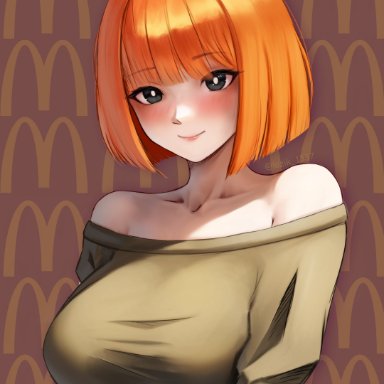 mcdonald's, lazik 1337, 1girls, alternate breast size, big breasts, blush, bob cut, breasts, busty, curvaceous, curvy, curvy female, curvy figure, female, female only