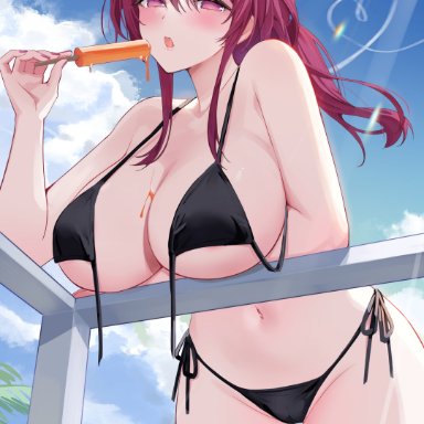 honkai: star rail, kafka (honkai: star rail), marumai, 1girls, arm under breasts, big breasts, bikini, female, female only, glasses, glasses on head, large breasts, looking at viewer, navel, outdoors