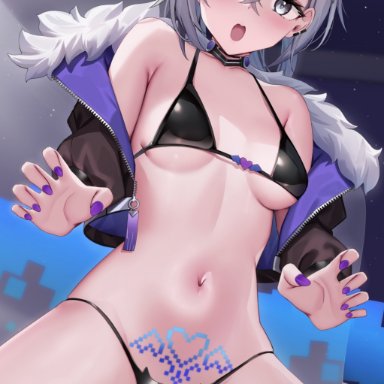 honkai (series), honkai: star rail, silver wolf (honkai: star rail), skai kun, 1girls, bare shoulders, black bra, black jacket, black panties, blush, bra, breasts, choker, claw pose, eyewear on head