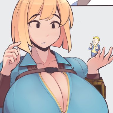 bethesda softworks, fallout, vault boy, vault dweller, vault girl, ferdinandus, :o, 1boy1girl, 5 fingers, belt, belt around boobs, big breasts, blonde hair, blue bodysuit, blue jumpsuit