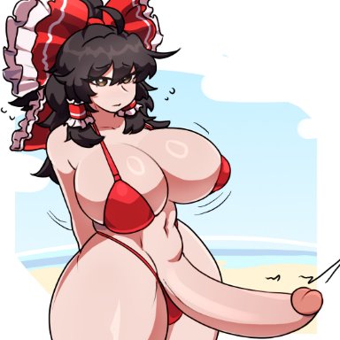 touhou, reimu hakurei, sunk118, 1futa, balls, big breasts, big penis, black hair, breasts, clothed, clothing, erection, futa only, futanari, huge cock