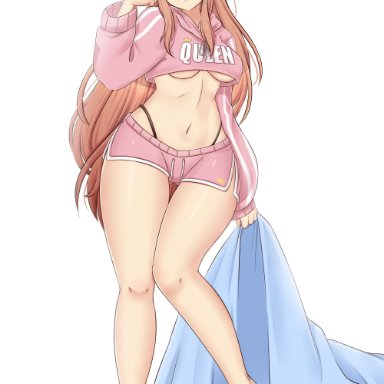 doki doki literature club, raionart, bare legs, barefoot, belly, belly button, big breasts, big hips, feet, green eyes, legs, long hair, long legs, pajamas, shorts