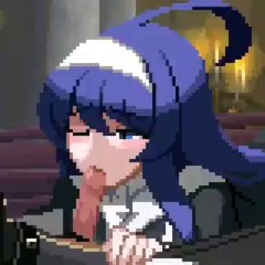 under night in-birth, hyde kido, orie ballardiae, anothernullacc, 1boy, 1boy1girl, 1girls, blowjob, blue eyes, blue hair, blush, blushing, clothed, clothed fellatio, clothed oral