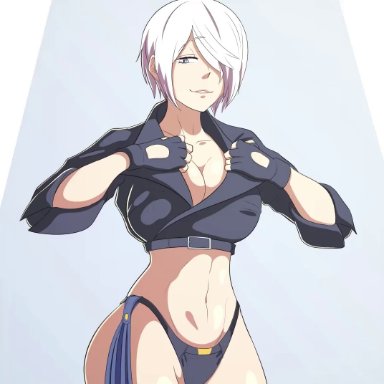 king of fighters, king of fighters xiv, snk, the king of fighters, angel (kof), scrabble007, backless pants, blue eyes, breasts, breasts out, chaps, clothes lift, clothes pull, crop top, cropped jacket