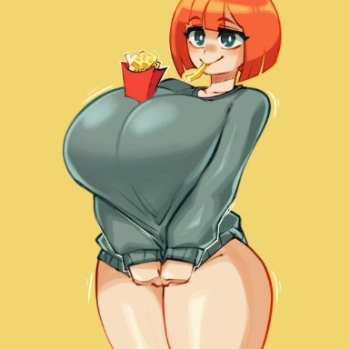 mcdonald's, gerph, 1girls, alternate breast size, big breasts, blush, bottomless, bottomless sweater, breasts bigger than head, female, female only, french fries, huge breasts, large breasts, milf