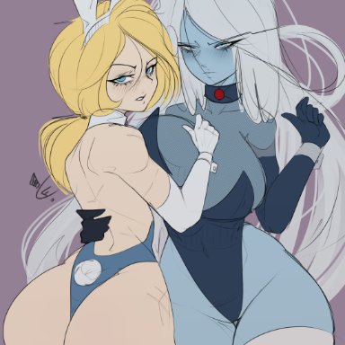 adventure time, cartoon network, fionna the human girl, ice queen (adventure time), cursedequinox, 2girls, angry, angry expression, angry face, annoyed, annoyed expression, armwear, ass, bare shoulders, blonde female