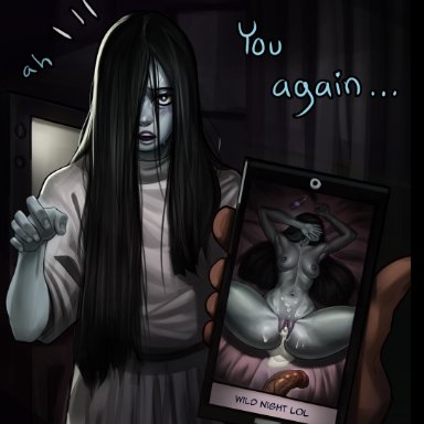 the ring, yamamura sadako, collisiondazer, 1girls, after sex, black hair, blush, colored skin, cum drip, exhausted, grey skin, hair over one eye, long hair, looking at viewer, medium breasts