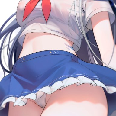 shylily, blue hair, body markings, breasts, collar, crop top, female, frilled skirt, frills, head out of frame, kanfi, large breasts, long hair, midriff, miniskirt