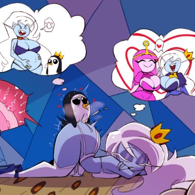 adventure time, cartoon network, ice queen (adventure time), princess bubblegum, nelljoestar, anthro, avian, bestiality, bestiality impregnation, big breasts, bird, bodily fluids, breasts, cleavage, clothed