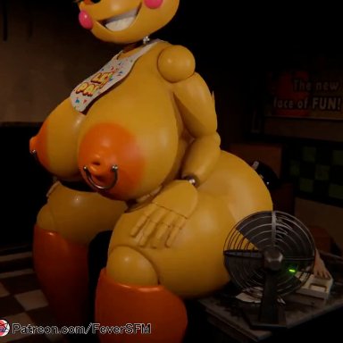 five nights at freddy's, five nights at freddy's 2, nightguard, toy chica (fnaf), feversfm, 1boy, 1girls, animatronic, areolae, big breasts, bip, breasts, butt crush, buttcrush, eyebrows