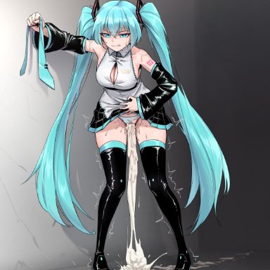 vocaloid, hatsune miku, after sex, aqua eyes, aqua hair, boots, breasts, cleavage, clothing aside, collared shirt, cum, cum in pussy, cum overflow, cumdrip, detached sleeves