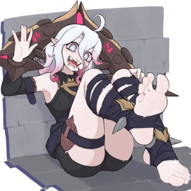 league of legends, briar (league of legends), softhanten, 1girls, clothed, drooling, eyebrows visible through hair, feet, female only, foot focus, multicolored hair, open mouth, sharp teeth, smile, stirrup legwear