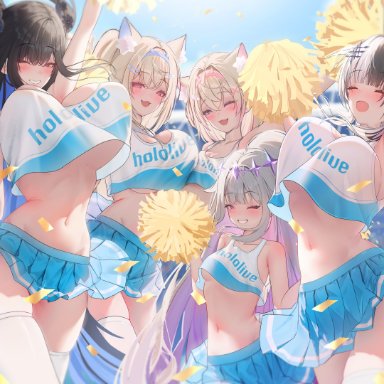 hololive, hololive english, hololive english -advent-, fuwamoco, fuwawa abyssgard, koseki bijou, mococo abyssgard, nerissa ravencroft, shiori novella, prrrab, 5girls, animal ears, big breasts, black hair, blonde hair