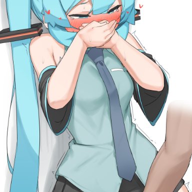 original, hatsune miku, abmayo, blue hair, blush, covered mouth, embarrassed, female, female masturbation, long hair, masturbation, skirt, thighhighs, absurdres, highres