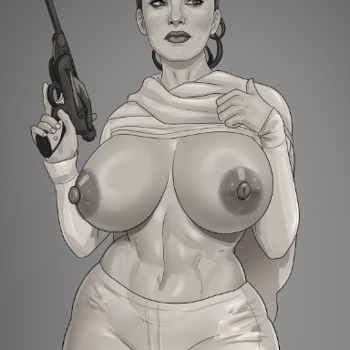 star wars, padme amidala, rocner, 1girls, armor, big breasts, large breasts, looking at viewer, wide hips, wide thighs, greyscale