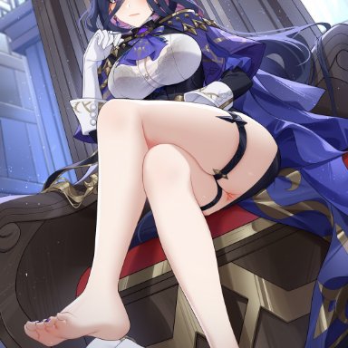 genshin impact, clorinde (genshin impact), wu ganlan cai, barefoot, blue hair, blue headwear, breasts, closed mouth, crossed legs, feet, female, gloves, hair between eyes, hat, large breasts