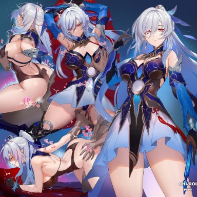 honkai (series), honkai: star rail, jingliu (honkai: star rail), chi-rol, 1boy, angry, armpits, arms behind head, arms up, ass, ass grab, bare shoulders, bent over, big ass, black gloves