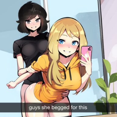 nintendo, pokemon, snapchat, serena (pokemon), 3x0013f, 1futa, 1girls, arm grab, ass, bent over, black hair, blonde hair, blush, breasts, from behind