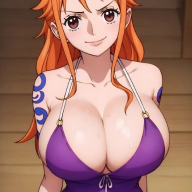 one piece, shounen jump, nami, nami (one piece), big breasts, breasts, cleavage, dress, huge breasts, large breasts, neckline, orange hair, ai generated, post-timeskip