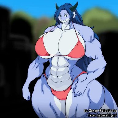 hataraki ari, big breasts, bikini, bikini bottom, bikini top, breasts, dragon girl, giantess, growth, huge breasts, large breasts, massive breasts, muscular, muscular arms, muscular body