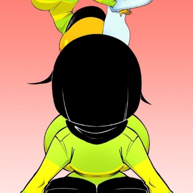 deltarune, undertale (series), anonymous male, kris (deltarune), kris female (deltarune), pinkbobatoo, 1boy, 1girls, ass, big ass, big breasts, black hair, black shorts, booty shorts, breasts