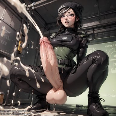 rainbow six, rainbow six siege, dokkaebi (rainbow six), puffyart, 1futa, balls, beanie, big penis, bodysuit, boots, cum, cumming, dickgirl, ejaculation, futa only