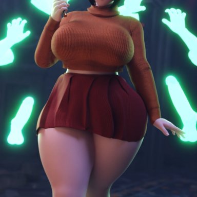 overwatch, scooby-doo, mei (overwatch), velma dinkley (cosplay), smitty34, asian female, big breasts, ghost, ghost penis, glasses, large breasts, skirt, sweater, thick thighs, voluptuous