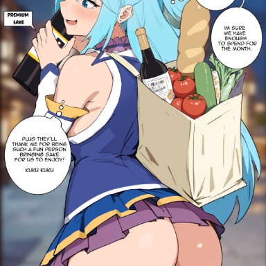 aqua (konosuba), kisou, ass, big ass, blue eyes, blue hair, goddess, grocery bag, no panties, sake, skirt lift, tied hair, text