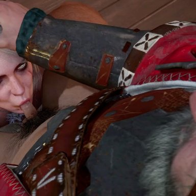 the witcher (series), the witcher 3: wild hunt, ciri, phillip strenger, yellowbea, age difference, armor, beard, blowjob, clothed sex, fat man, fellatio, green eyes, hand on head, light skin