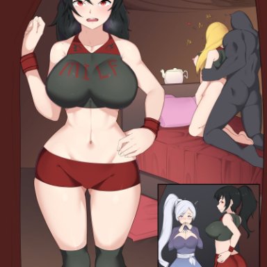 rwby, beringel, grimm (rwby), raven branwen, weiss schnee, yang xiao long, neovixtadiz, 1boy, 3girls, background, bed, big breasts, black hair, blonde hair, blue eyes