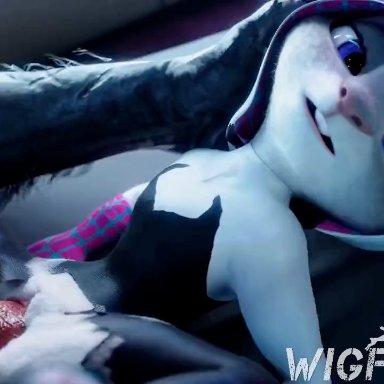 disney, zootopia, judy hopps, wigfritter, animal genitalia, animal penis, anthro, anthro penetrated, bedroom eyes, canid, canine, canine genitalia, canine penis, clothed, clothing