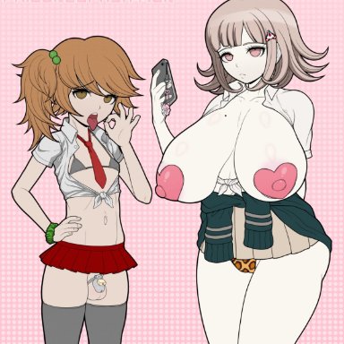 danganronpa, danganronpa 2: goodbye despair, danganronpa: trigger happy havoc, fujisaki chihiro, nanami chiaki, failureofasavior, 1boy, 1girls, alternate hairstyle, big breasts, bimbo, bored, breasts, chastity cage, fellatio gesture