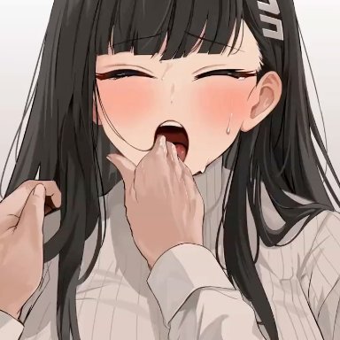 blue archive, rio (blue archive), yuki (asayuki101), black hair, blush, breasts, female, finger in another's mouth, hair ornament, hairclip, halo, large breasts, long hair, looking at viewer, open mouth