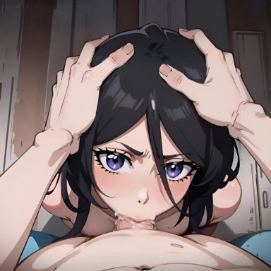 bleach, kuchiki rukia, stable diffusion, 1girls, angry, angry face, black hair, blowjob, deepthroat, fellatio, female focus, forced oral, hand on head, looking at viewer, pov eye contact