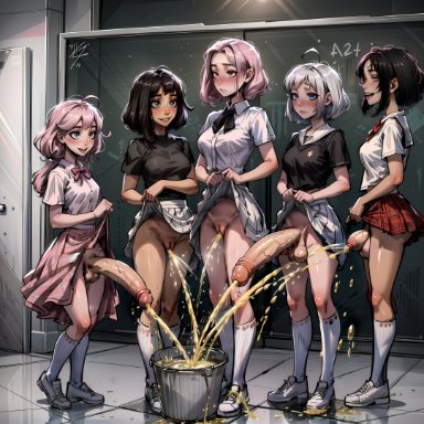 ai coomer, stable diffusion, 2girls, 3futas, bangs, big penis, black hair, blue eyes, blush, bow, breasts, bucket, clothes lift, container, embarrassed