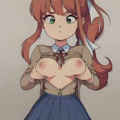 doki doki literature club, pixai, blazer, bow in hair, breasts out, coral brown hair, emerald green eyes, female, green eyes, holding own breasts, nipples, red ribbon, ribbon, skirt, solo