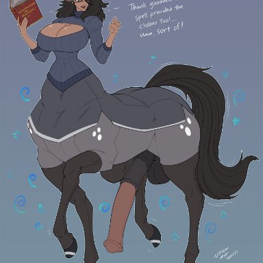 1futa, animal ears, balls, big balls, big breasts, book, bottomless, breasts, busty, centaur, centauress, cleavage, clothed, clothing, dark-skinned futanari