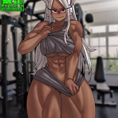 my hero academia, miruko, shosho oekaki, 1girls, abs, big breasts, bunny ears, dark skin, dark-skinned futanari, eyebrows, female, female only, large breasts, long hair, looking at viewer