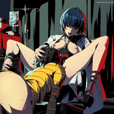 atlus, megami tensei, persona, persona 5, sega, sadayo kawakami, tae takemi, ale (ale halexxx), alehalexxx nsfw, halexxx, 2girls, ass, ass focus, black hair, bottomless