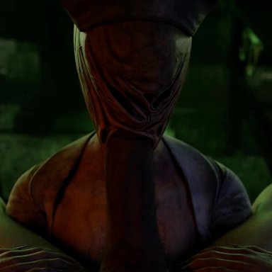 konami, silent hill, bubble head nurse, nurse (silent hill), niisath, 1boy, 1boy1girl, 1girls, big penis, breathing, dark lighting, eyeless, female, first person view, hands on thighs