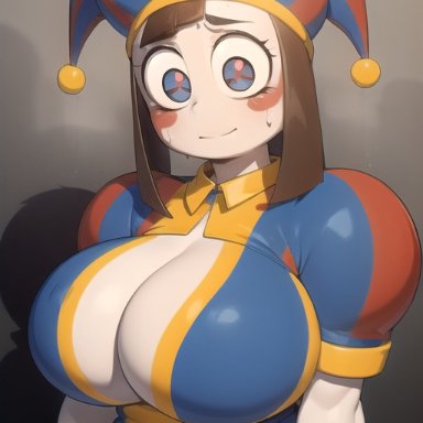 the amazing digital circus, pomni, daidouji (artist), expressionless, female, gigantic breasts, girl, jester, jester cap, jester outfit, nervous, shocked, solo, solo female, solo focus